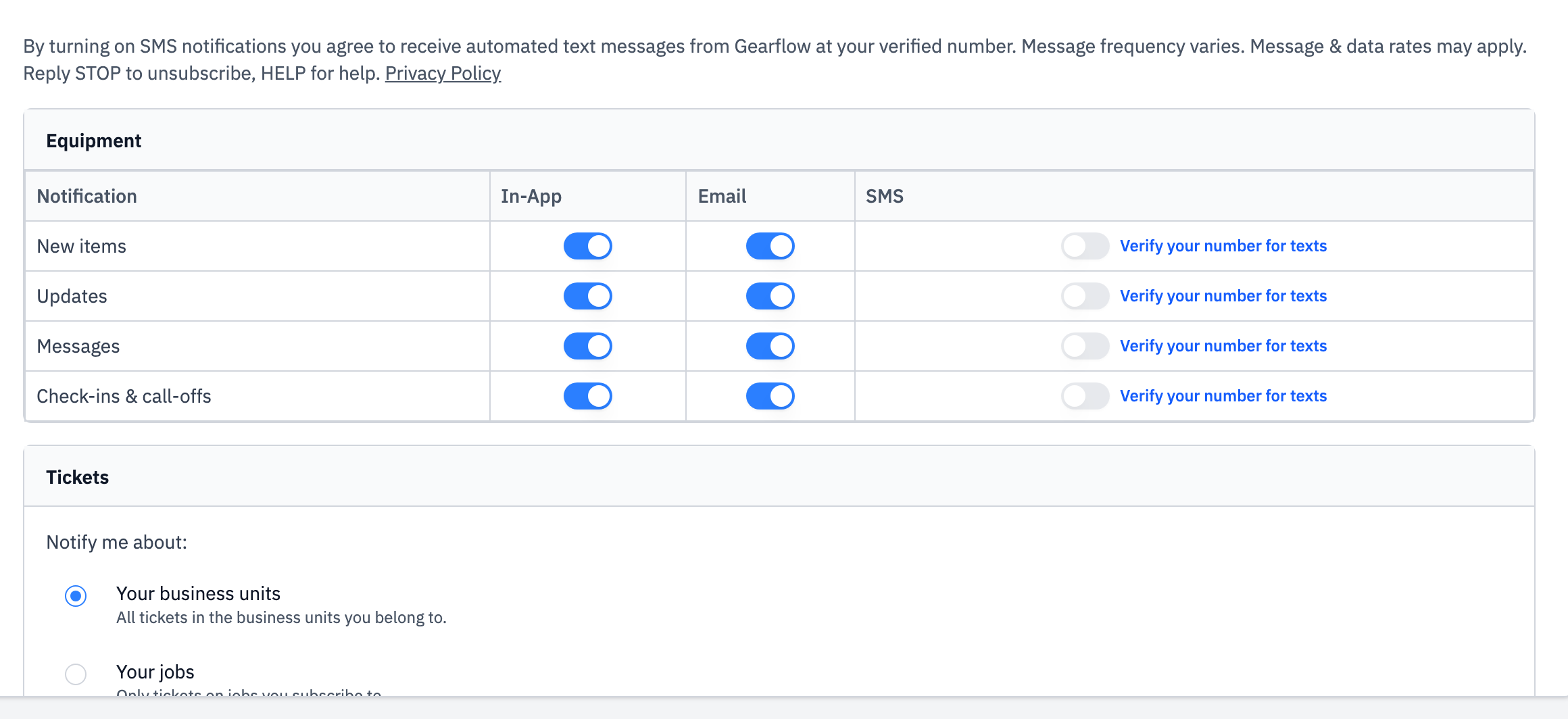 Notification settings with SMS toggles off by default and consent disclosure